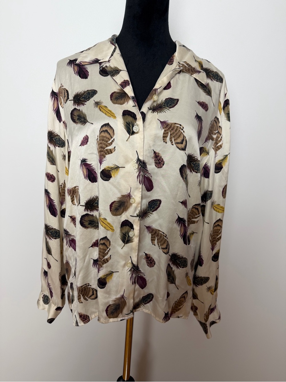 Talbots Cream Silk Button-Down Shirt with Feather Print. Size 12